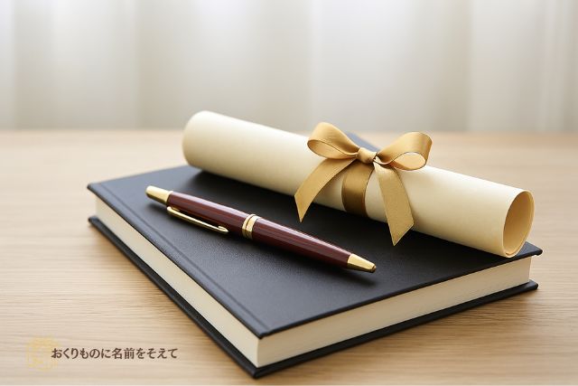 卒業証書と記念ペンが並べられたイメージ画像。学びの節目を象徴し、記念品としての雰囲気を表現している。
