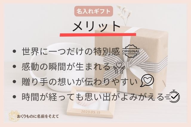名入れギフトのメリットをまとめたリストとギフトボックス。